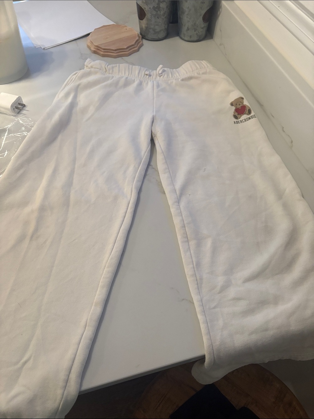 Abercrombie & Fitch White Kids Plush Joggers with Bear Patch